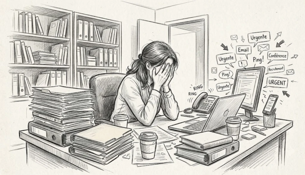 femme cadre en surmenage intellectuel, sur bureau surchargé de travail, se prend la tête entre les mains, incapacité à dire non, voie vers le burnout