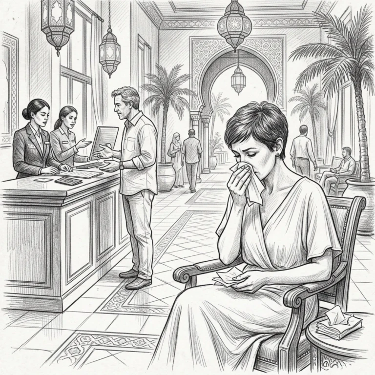 femme dans un hall d'ôtel se mouche et se demande -pourquoi je suis toujours malade en vacances