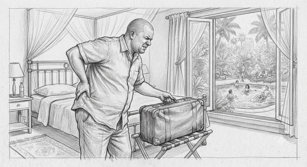 homme pose sa valise dans chambre d'ôtel et a un lumbago, comme chaque début de vancances, il tombe malade et se demande pourquoi